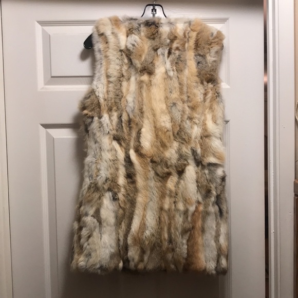 100% Real Fur Rabbit Vest Size S/M White Brown Silk Polyester Inside. Hip length - Picture 5 of 15